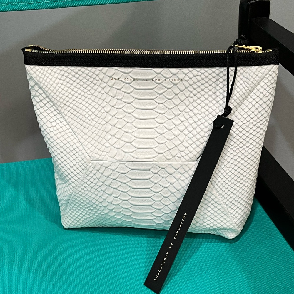 NEW AMPERSAND AS APOSTROPHE leather x-pouch clutch in white python NWT